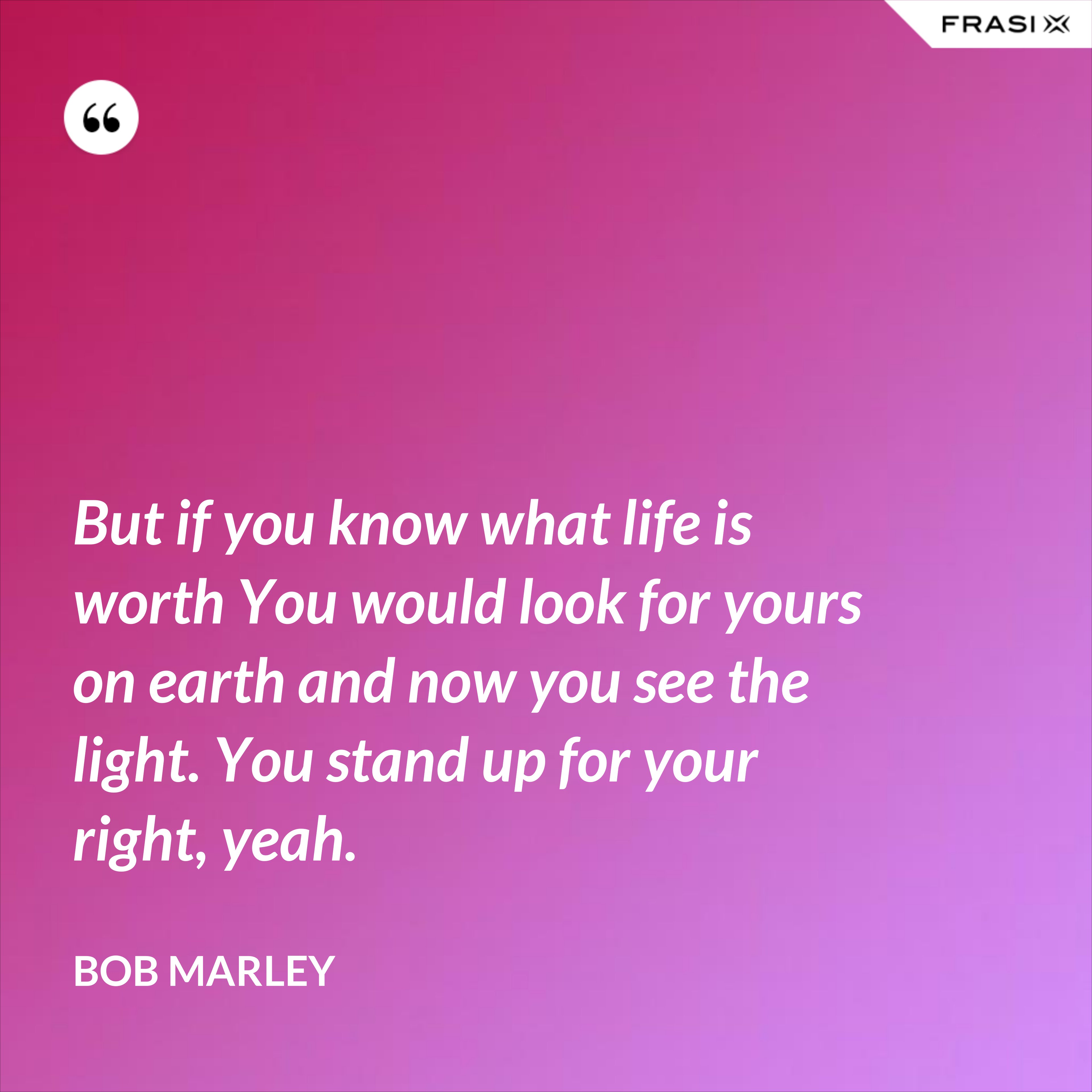But if you know what life is worth You would look for yours on earth and now you see the light. You stand up for your right, yeah. - Bob Marley