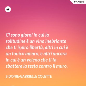 Ci sono giorni in cui la solitudine è un vino inebriante che ti ispira libertà, altri in cui è un tonico amaro, e altri ancora in cui è un veleno che ti fa sbattere la testa contro il muro. - Sidonie-Gabrielle Colette