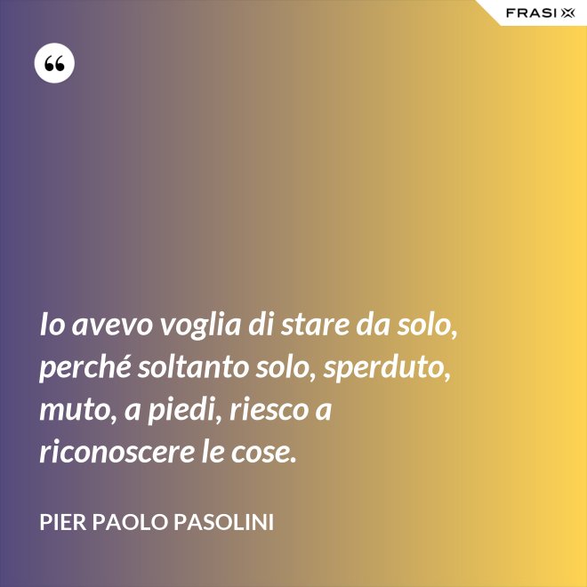 Io avevo voglia di stare da solo, perché soltanto solo, sperduto, muto, a piedi, riesco a riconoscere le cose. - Pier Paolo Pasolini