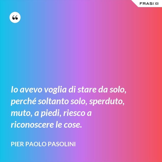 Io avevo voglia di stare da solo, perché soltanto solo, sperduto, muto, a piedi, riesco a riconoscere le cose. - Pier Paolo Pasolini