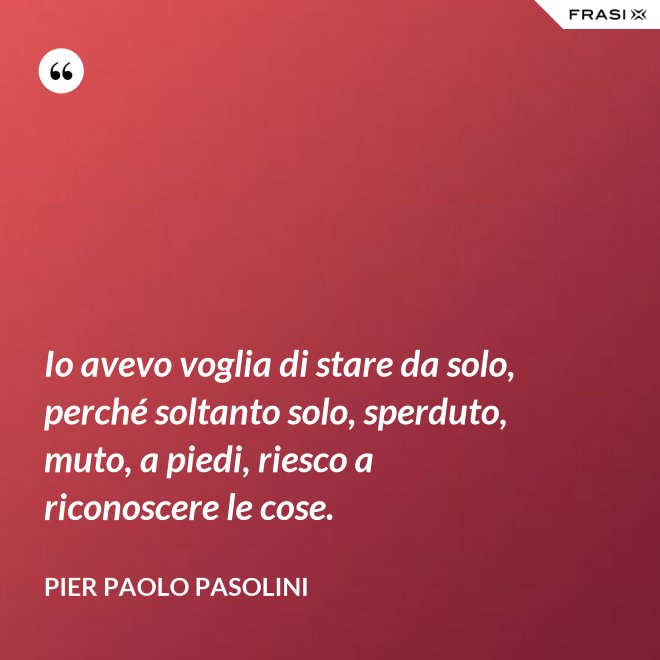 Io avevo voglia di stare da solo, perché soltanto solo, sperduto, muto, a piedi, riesco a riconoscere le cose. - Pier Paolo Pasolini