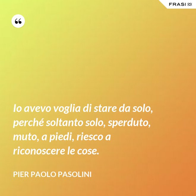 Io avevo voglia di stare da solo, perché soltanto solo, sperduto, muto, a piedi, riesco a riconoscere le cose. - Pier Paolo Pasolini
