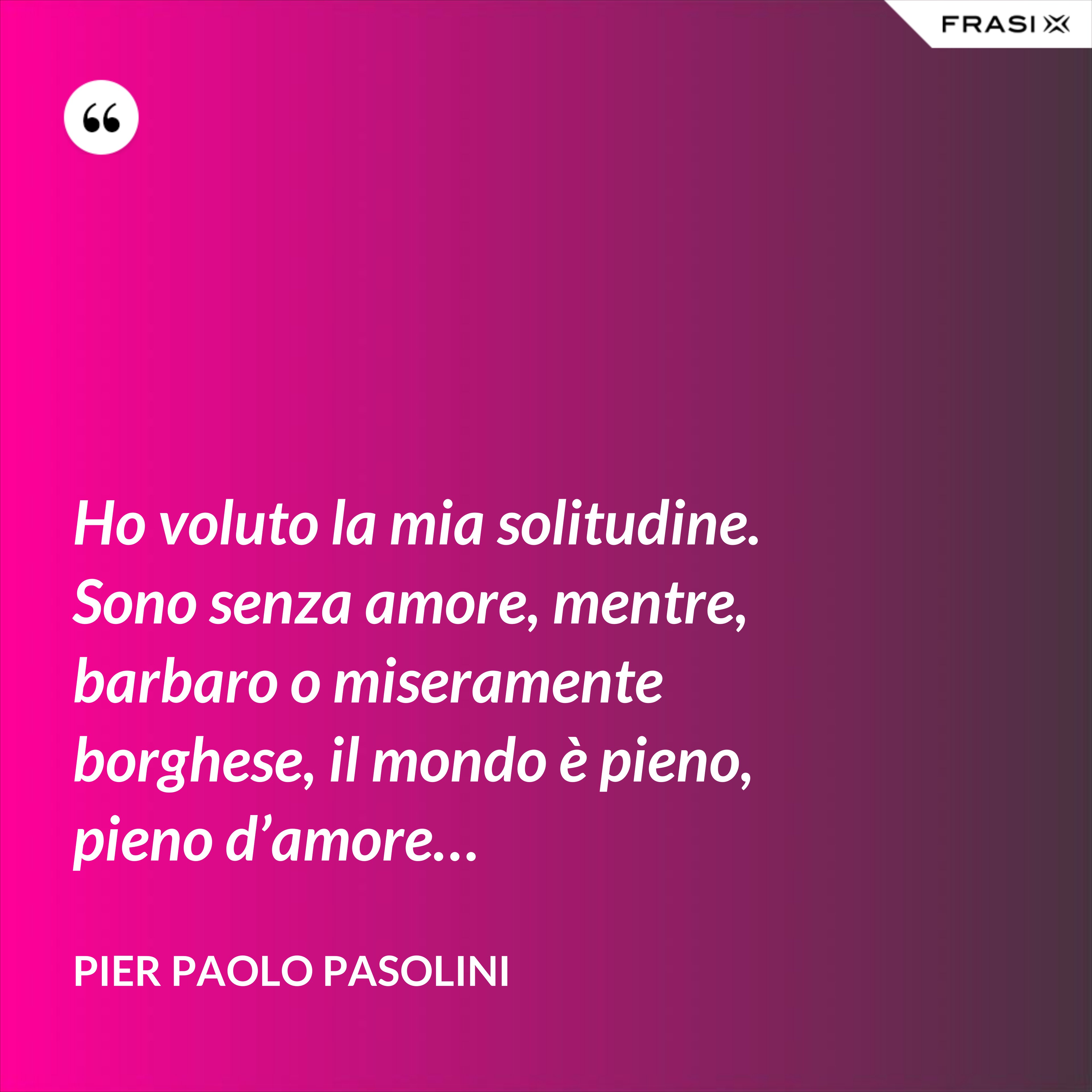 Ho voluto la mia solitudine. Sono senza amore, mentre, barbaro o miseramente borghese, il mondo è pieno, pieno d’amore… - Pier Paolo Pasolini