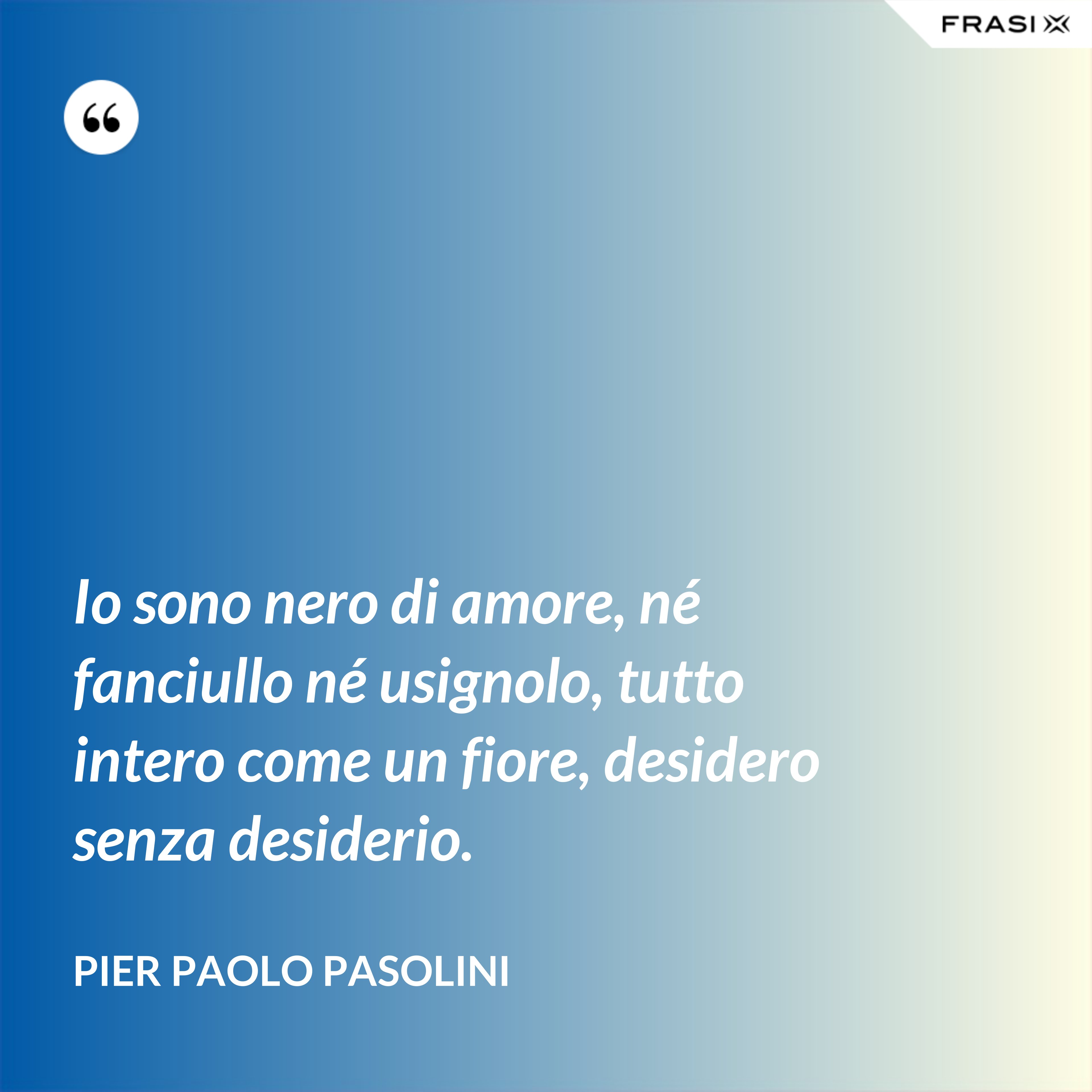 Io sono nero di amore, né fanciullo né usignolo, tutto intero come un fiore, desidero senza desiderio. - Pier Paolo Pasolini