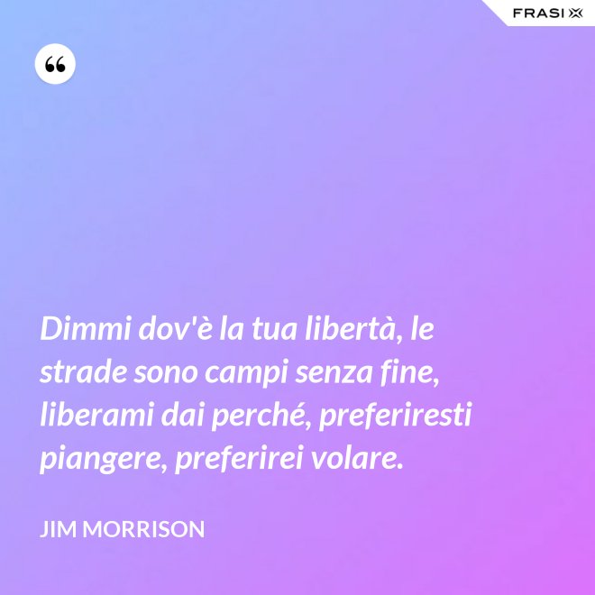 Dimmi dov'è la tua libertà, le strade sono campi senza fine, liberami dai perché, preferiresti piangere, preferirei volare. - Jim Morrison