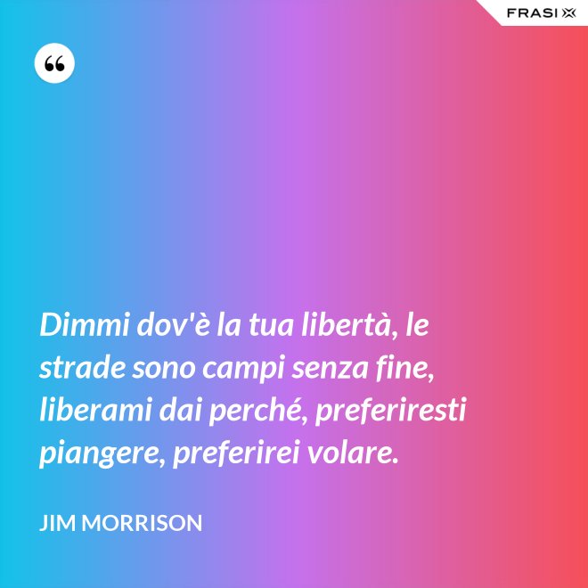 Dimmi dov'è la tua libertà, le strade sono campi senza fine, liberami dai perché, preferiresti piangere, preferirei volare. - Jim Morrison
