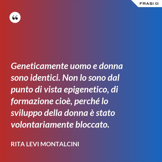 Geneticamente uomo e donna sono identici. Non lo sono dal punto di vista epigenetico, di formazione cioè, perché lo sviluppo della donna è stato volontariamente bloccato. - Rita Levi Montalcini