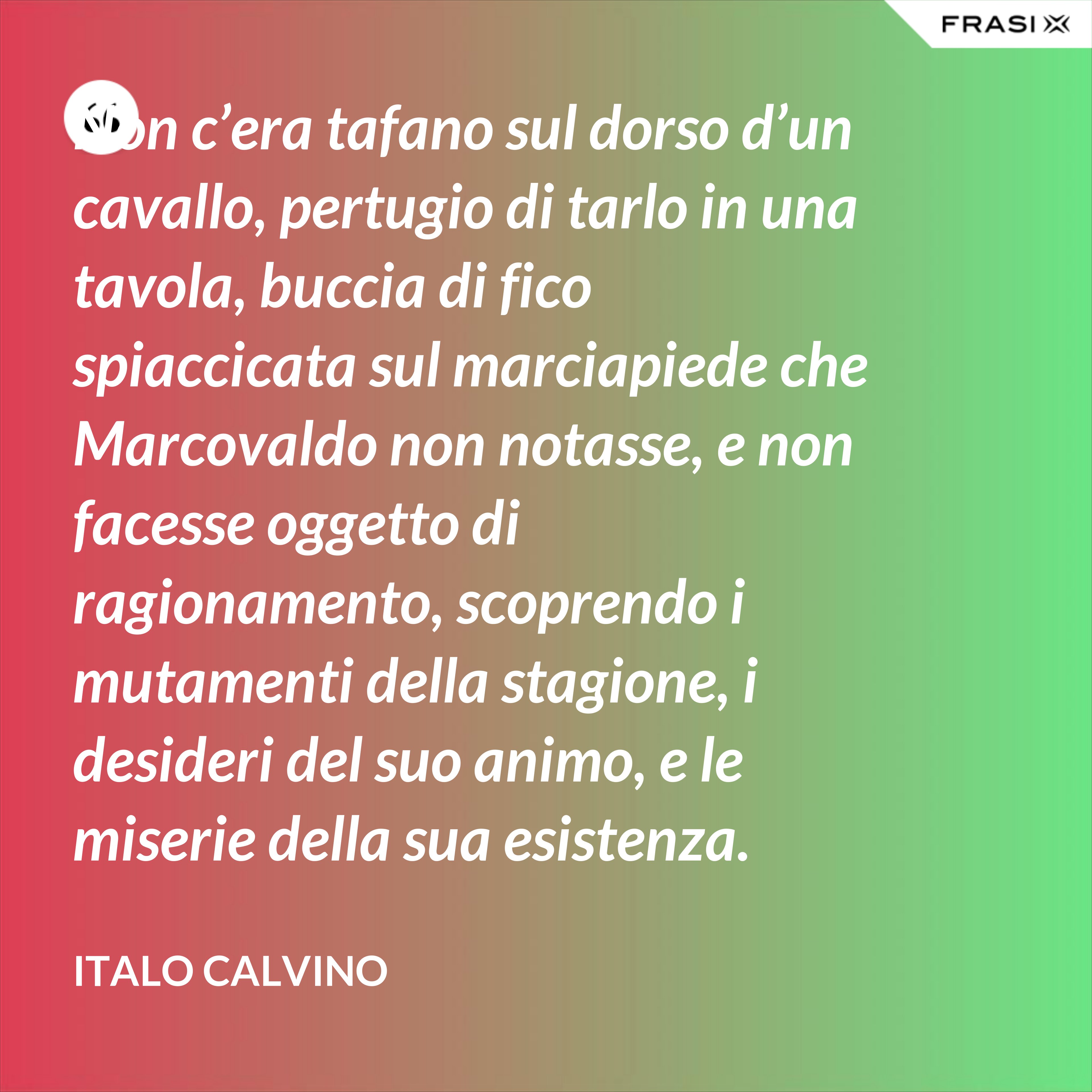 Non c’era tafano sul dorso d’un cavallo, pertugio di tarlo in una tavola, buccia di fico spiaccicata sul marciapiede che Marcovaldo non notasse, e non facesse oggetto di ragionamento, scoprendo i mutamenti della stagione, i desideri del suo animo, e le miserie della sua esistenza. - Italo Calvino