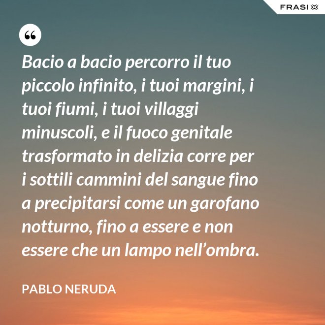 Bacio a bacio percorro il tuo piccolo infinito, i tuoi margini, i tuoi fiumi, i tuoi villaggi minuscoli, e il fuoco genitale trasformato in delizia corre per i sottili cammini del sangue fino a precipitarsi come un garofano notturno, fino a essere e non essere che un lampo nell’ombra. - Pablo Neruda
