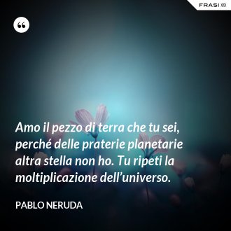 Amo il pezzo di terra che tu sei, perché delle praterie planetarie altra stella non ho. Tu ripeti la moltiplicazione dell’universo. - Pablo Neruda