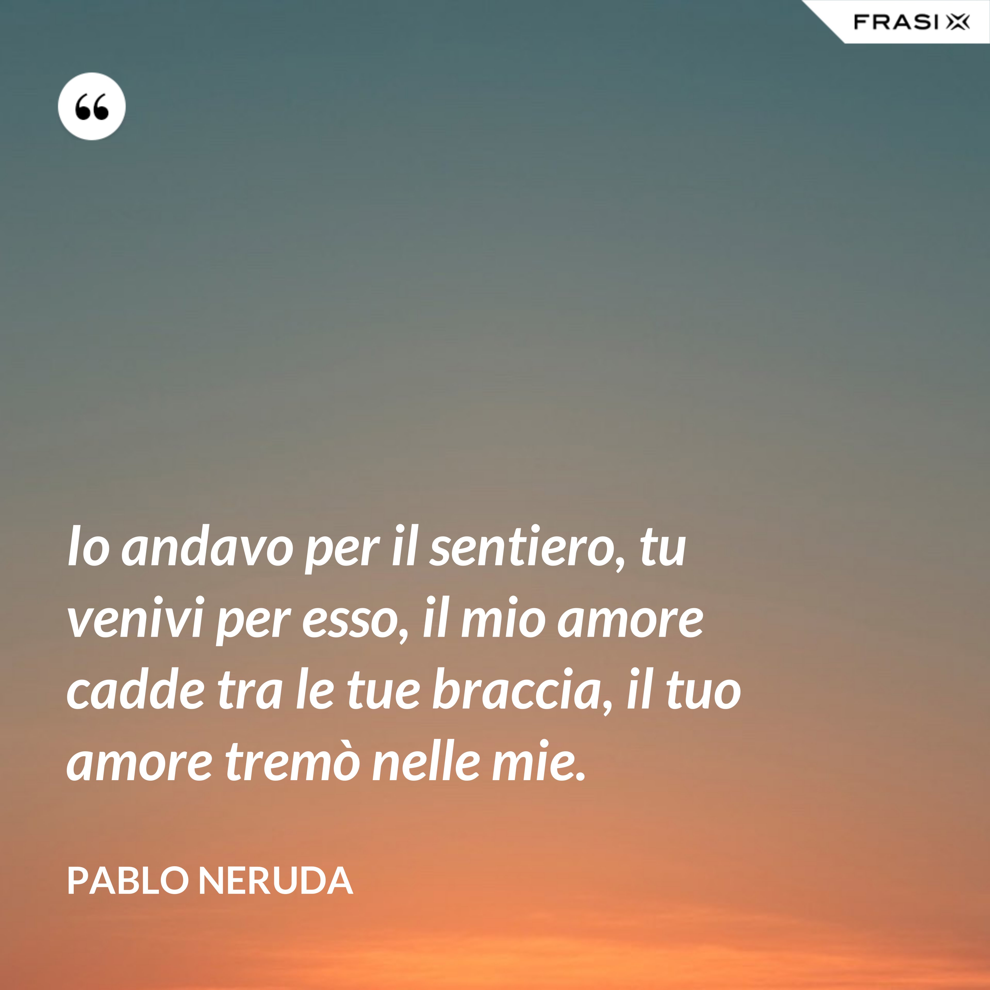 Io andavo per il sentiero, tu venivi per esso, il mio amore cadde tra le tue braccia, il tuo amore tremò nelle mie. - Pablo Neruda