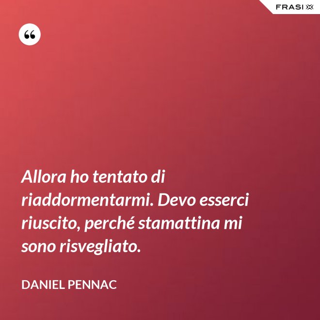 Allora ho tentato di riaddormentarmi. Devo esserci riuscito, perché stamattina mi sono risvegliato. - Daniel Pennac