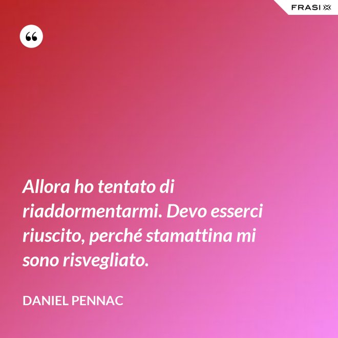 Allora ho tentato di riaddormentarmi. Devo esserci riuscito, perché stamattina mi sono risvegliato. - Daniel Pennac