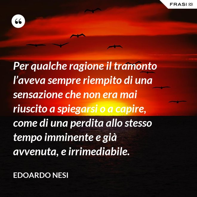 Per qualche ragione il tramonto l’aveva sempre riempito di una sensazione che non era mai riuscito a spiegarsi o a capire, come di una perdita allo stesso tempo imminente e già avvenuta, e irrimediabile. - Edoardo Nesi