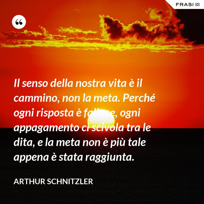 Il senso della nostra vita è il cammino, non la meta. Perché ogni risposta è fallace, ogni appagamento ci scivola tra le dita, e la meta non è più tale appena è stata raggiunta. - Arthur Schnitzler