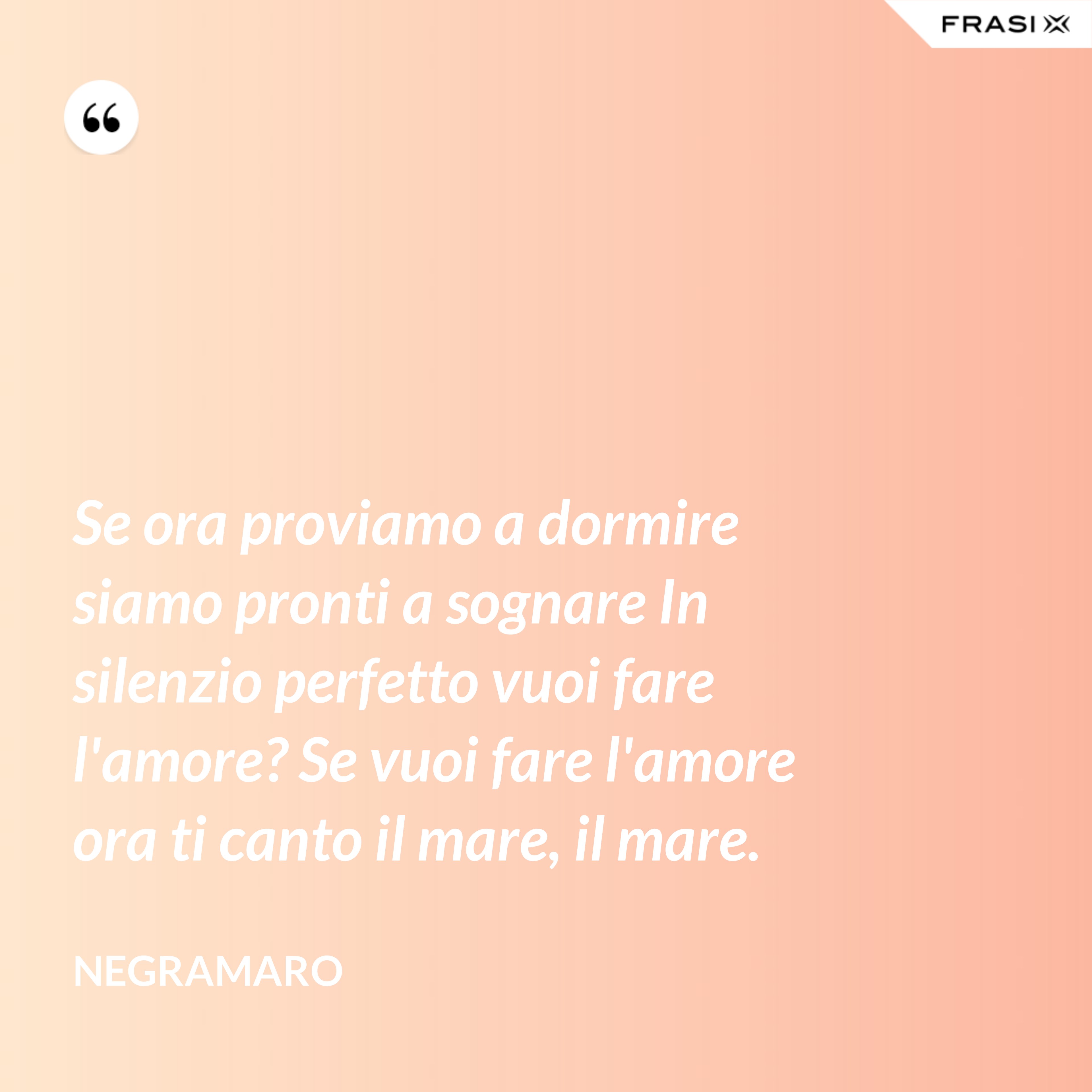 Se ora proviamo a dormire siamo pronti a sognare In silenzio perfetto vuoi fare l'amore? Se vuoi fare l'amore ora ti canto il mare, il mare. - Negramaro