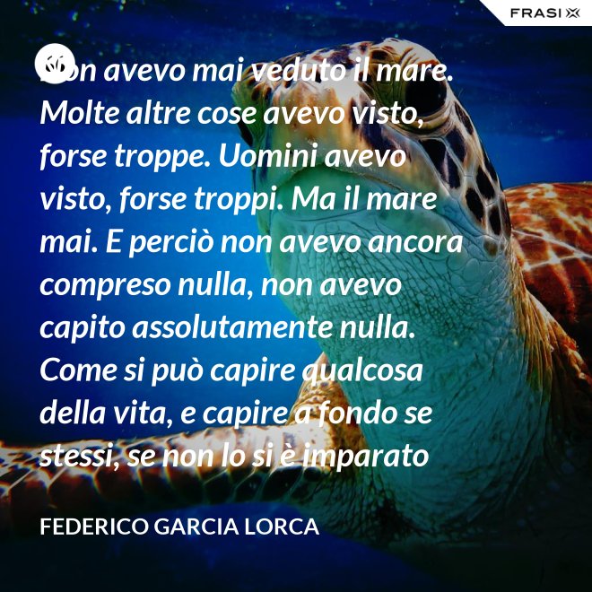 Non avevo mai veduto il mare. Molte altre cose avevo visto, forse troppe. Uomini avevo visto, forse troppi. Ma il mare mai. E perciò non avevo ancora compreso nulla, non avevo capito assolutamente nulla. Come si può capire qualcosa della vita, e capire a fondo se stessi, se non lo si è imparato dal mare? - Federico Garcia Lorca