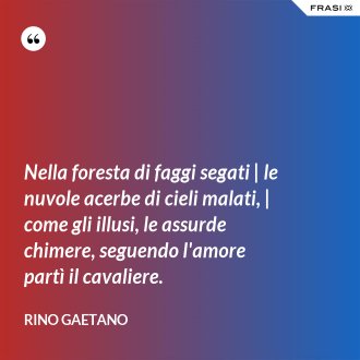 Nella foresta di faggi segati | le nuvole acerbe di cieli malati, | come gli illusi, le assurde chimere, seguendo l'amore partì il cavaliere. - Rino Gaetano