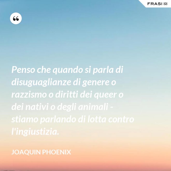 Penso che quando si parla di disuguaglianze di genere o razzismo o diritti dei queer o dei nativi o degli animali - stiamo parlando di lotta contro l'ingiustizia. - Joaquin Phoenix
