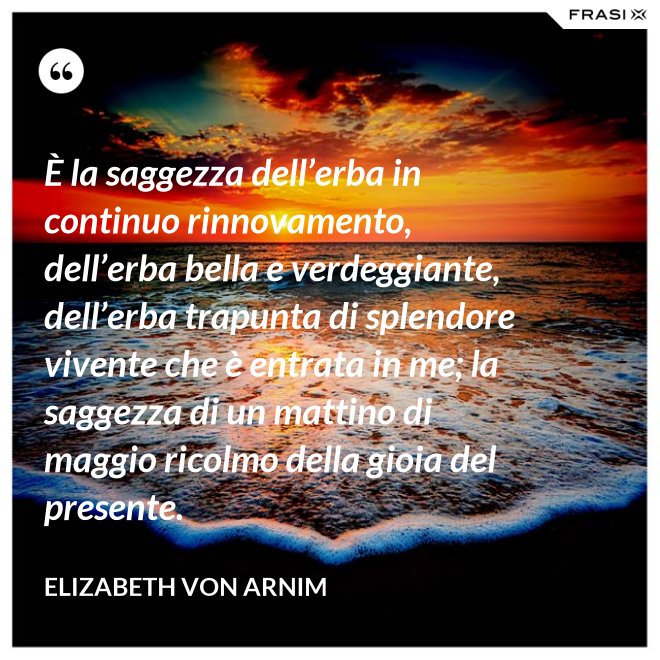È la saggezza dell’erba in continuo rinnovamento, dell’erba bella e verdeggiante, dell’erba trapunta di splendore vivente che è entrata in me; la saggezza di un mattino di maggio ricolmo della gioia del presente. - Elizabeth von Arnim