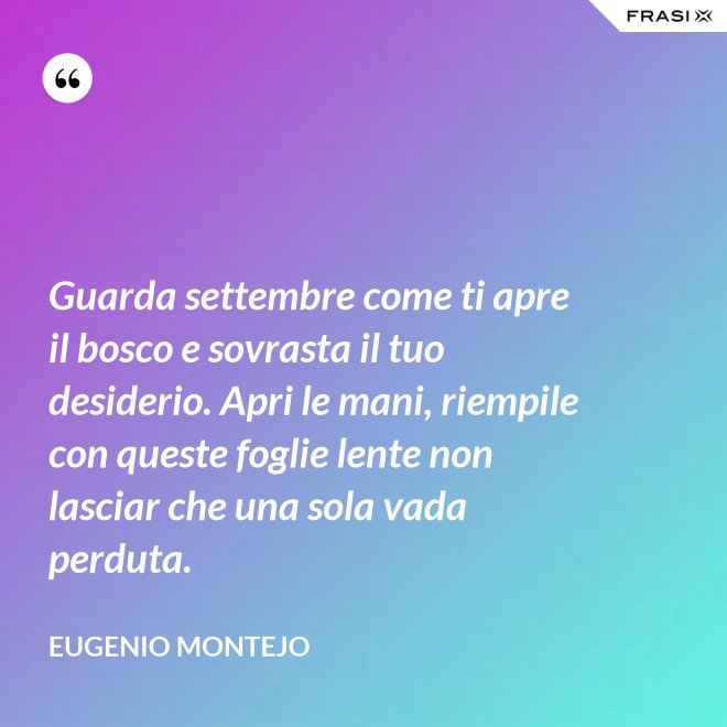 Guarda settembre come ti apre il bosco e sovrasta il tuo desiderio. Apri le mani, riempile con queste foglie lente non lasciar che una sola vada perduta. - Eugenio Montejo