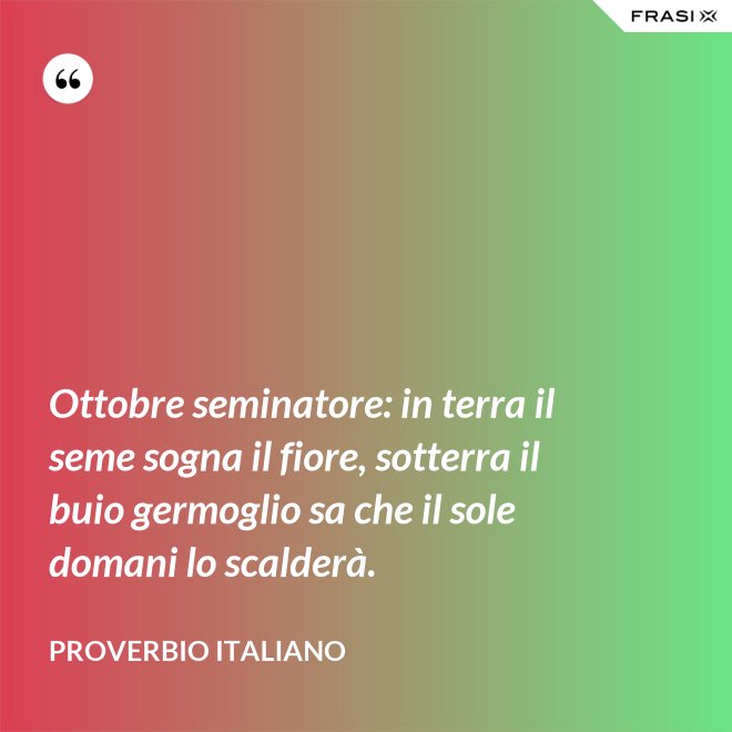 Ottobre seminatore: in terra il seme sogna il fiore, sotterra il buio germoglio sa che il sole domani lo scalderà. - Proverbio italiano