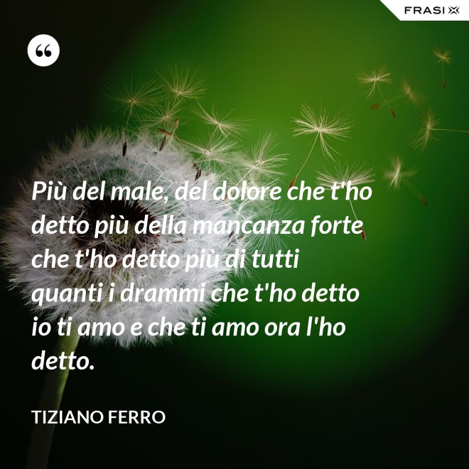 Più del male, del dolore che t'ho detto più della mancanza forte che t'ho detto più di tutti quanti i drammi che t'ho detto io ti amo e che ti amo ora l'ho detto. - Tiziano Ferro