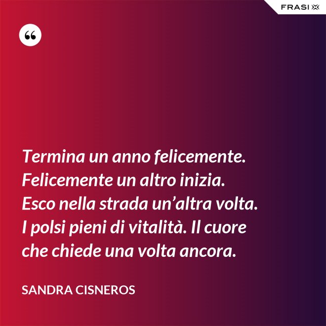 Termina un anno felicemente. Felicemente un altro inizia. Esco nella strada un’altra volta. I polsi pieni di vitalità. Il cuore che chiede una volta ancora. - Sandra Cisneros
