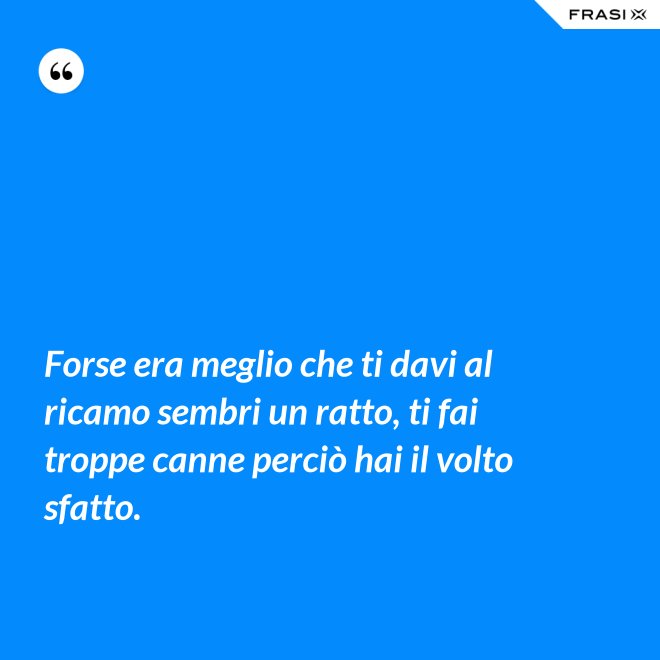 Forse era meglio che ti davi al ricamo sembri un ratto, ti fai troppe canne perciò hai il volto sfatto. - Anonimo