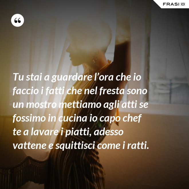 Tu stai a guardare l’ora che io faccio i fatti che nel fresta sono un mostro mettiamo agli atti se fossimo in cucina io capo chef te a lavare i piatti, adesso vattene e squittisci come i ratti. - Anonimo
