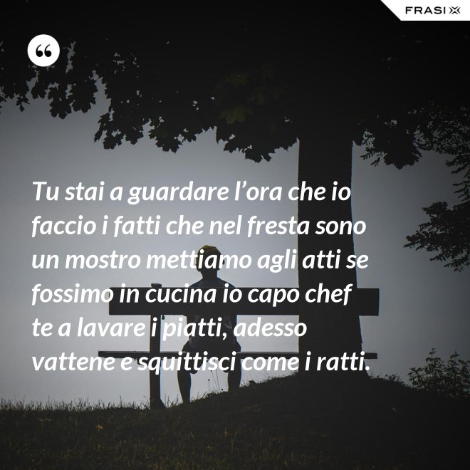 Tu stai a guardare l’ora che io faccio i fatti che nel fresta sono un mostro mettiamo agli atti se fossimo in cucina io capo chef te a lavare i piatti, adesso vattene e squittisci come i ratti. - Anonimo