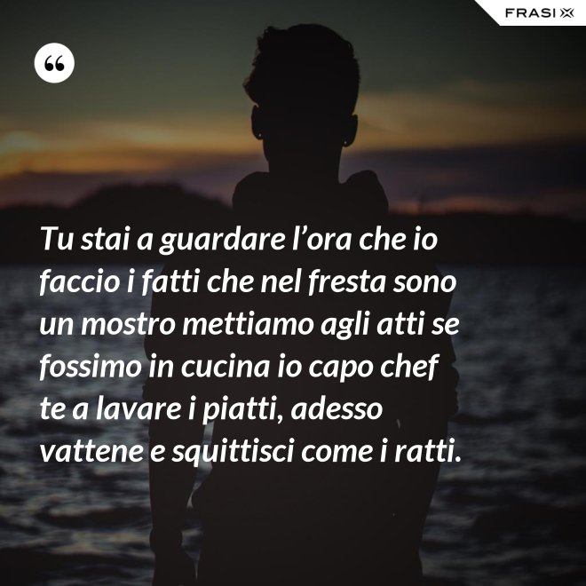 Tu stai a guardare l’ora che io faccio i fatti che nel fresta sono un mostro mettiamo agli atti se fossimo in cucina io capo chef te a lavare i piatti, adesso vattene e squittisci come i ratti. - Anonimo
