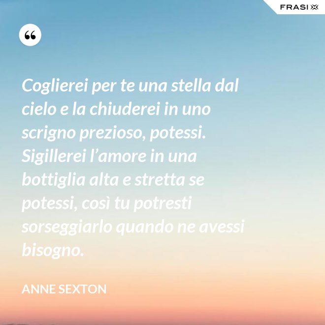 Coglierei per te una stella dal cielo e la chiuderei in uno scrigno prezioso, potessi. Sigillerei l’amore in una bottiglia alta e stretta se potessi, così tu potresti sorseggiarlo quando ne avessi bisogno. - Anne Sexton
