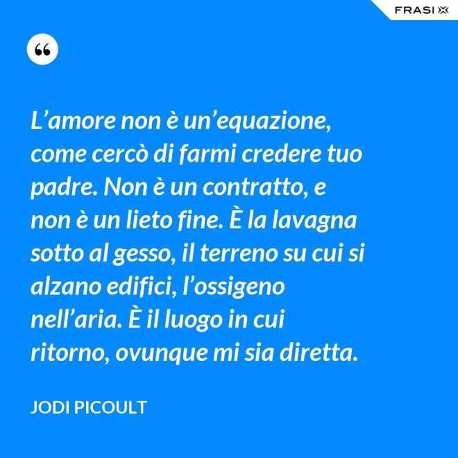 L’amore non è un’equazione, come cercò di farmi credere tuo padre. Non è un contratto, e non è un lieto fine. È la lavagna sotto al gesso, il terreno su cui si alzano edifici, l’ossigeno nell’aria. È il luogo in cui ritorno, ovunque mi sia diretta. - Jodi Picoult