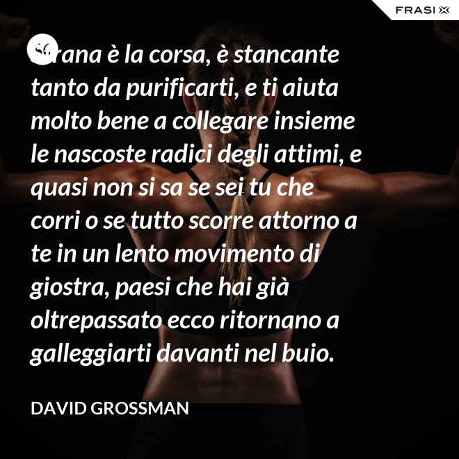 Strana è la corsa, è stancante tanto da purificarti, e ti aiuta molto bene a collegare insieme le nascoste radici degli attimi, e quasi non si sa se sei tu che corri o se tutto scorre attorno a te in un lento movimento di giostra, paesi che hai già oltrepassato ecco ritornano a galleggiarti davanti nel buio. - David Grossman
