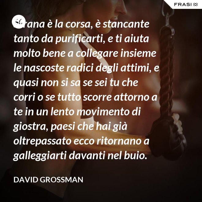 Strana è la corsa, è stancante tanto da purificarti, e ti aiuta molto bene a collegare insieme le nascoste radici degli attimi, e quasi non si sa se sei tu che corri o se tutto scorre attorno a te in un lento movimento di giostra, paesi che hai già oltrepassato ecco ritornano a galleggiarti davanti nel buio. - David Grossman