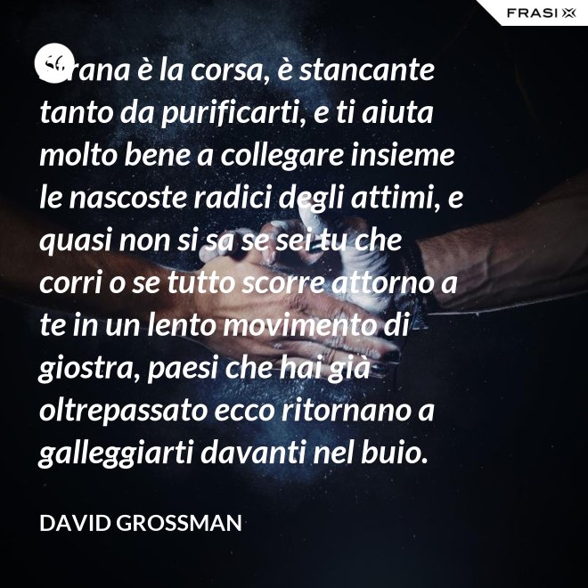 Strana è la corsa, è stancante tanto da purificarti, e ti aiuta molto bene a collegare insieme le nascoste radici degli attimi, e quasi non si sa se sei tu che corri o se tutto scorre attorno a te in un lento movimento di giostra, paesi che hai già oltrepassato ecco ritornano a galleggiarti davanti nel buio. - David Grossman