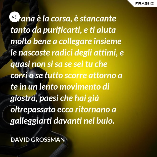 Strana è la corsa, è stancante tanto da purificarti, e ti aiuta molto bene a collegare insieme le nascoste radici degli attimi, e quasi non si sa se sei tu che corri o se tutto scorre attorno a te in un lento movimento di giostra, paesi che hai già oltrepassato ecco ritornano a galleggiarti davanti nel buio. - David Grossman