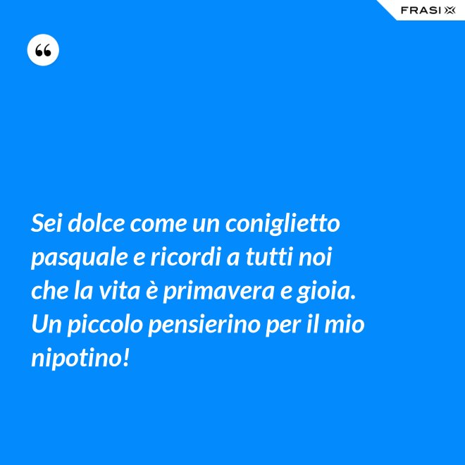 Sei dolce come un coniglietto pasquale e ricordi a tutti noi che la vita è primavera e gioia. Un piccolo pensierino per il mio nipotino! - Anonimo