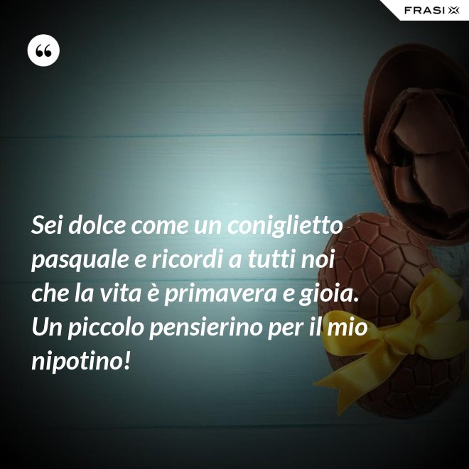 Sei dolce come un coniglietto pasquale e ricordi a tutti noi che la vita è primavera e gioia. Un piccolo pensierino per il mio nipotino! - Anonimo
