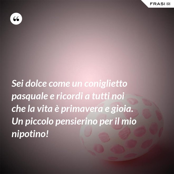 Sei dolce come un coniglietto pasquale e ricordi a tutti noi che la vita è primavera e gioia. Un piccolo pensierino per il mio nipotino! - Anonimo