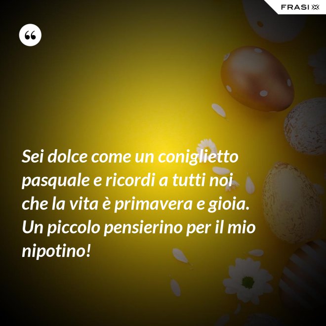 Sei dolce come un coniglietto pasquale e ricordi a tutti noi che la vita è primavera e gioia. Un piccolo pensierino per il mio nipotino! - Anonimo