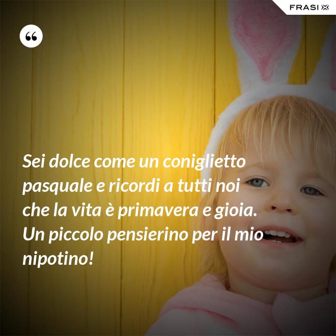 Sei dolce come un coniglietto pasquale e ricordi a tutti noi che la vita è primavera e gioia. Un piccolo pensierino per il mio nipotino! - Anonimo