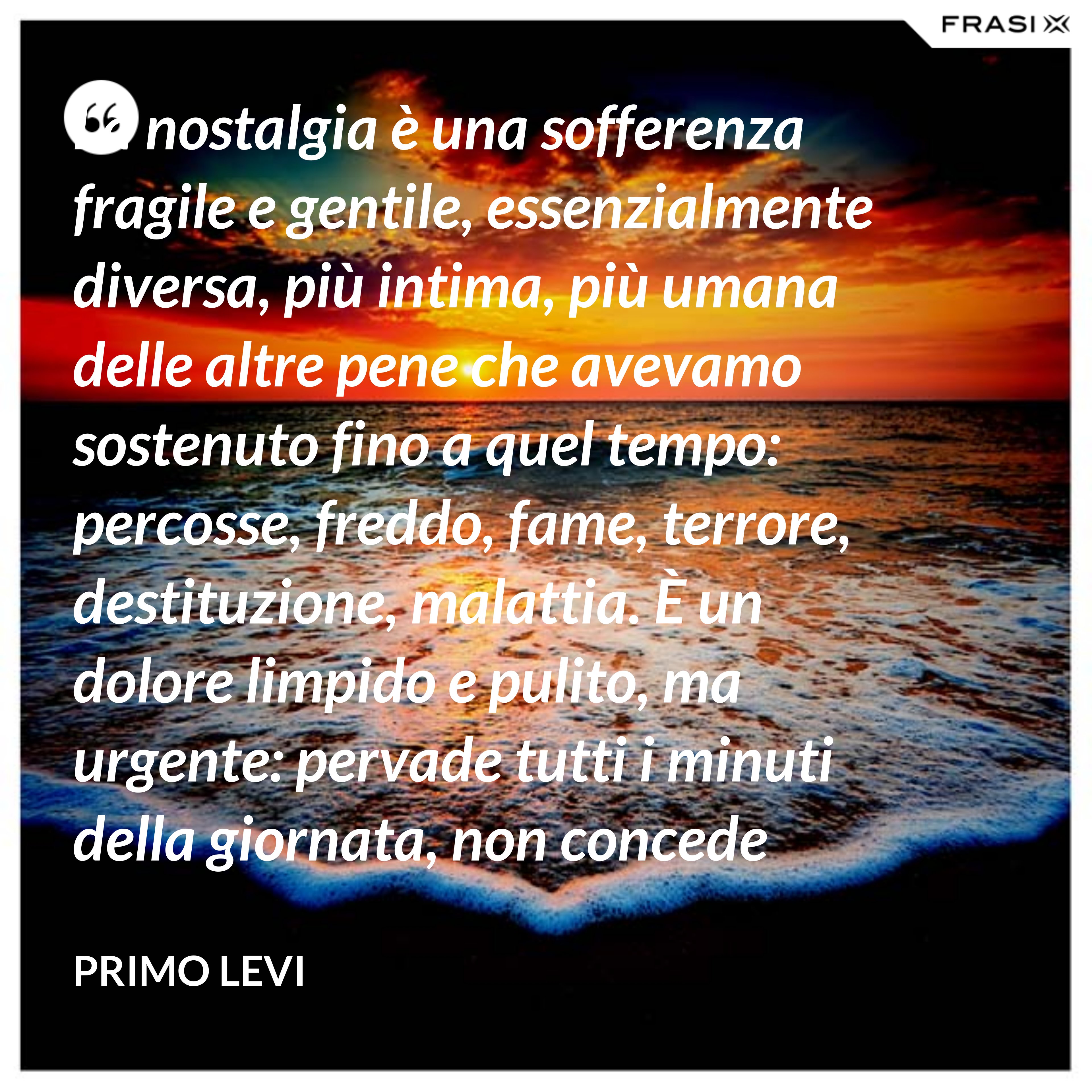 La nostalgia è una sofferenza fragile e gentile, essenzialmente diversa, più intima, più umana delle altre pene che avevamo sostenuto fino a quel tempo: percosse, freddo, fame, terrore, destituzione, malattia. È un dolore limpido e pulito, ma urgente: pervade tutti i minuti della giornata, non concede altri pensieri, e spinge alle evasioni. - Primo Levi