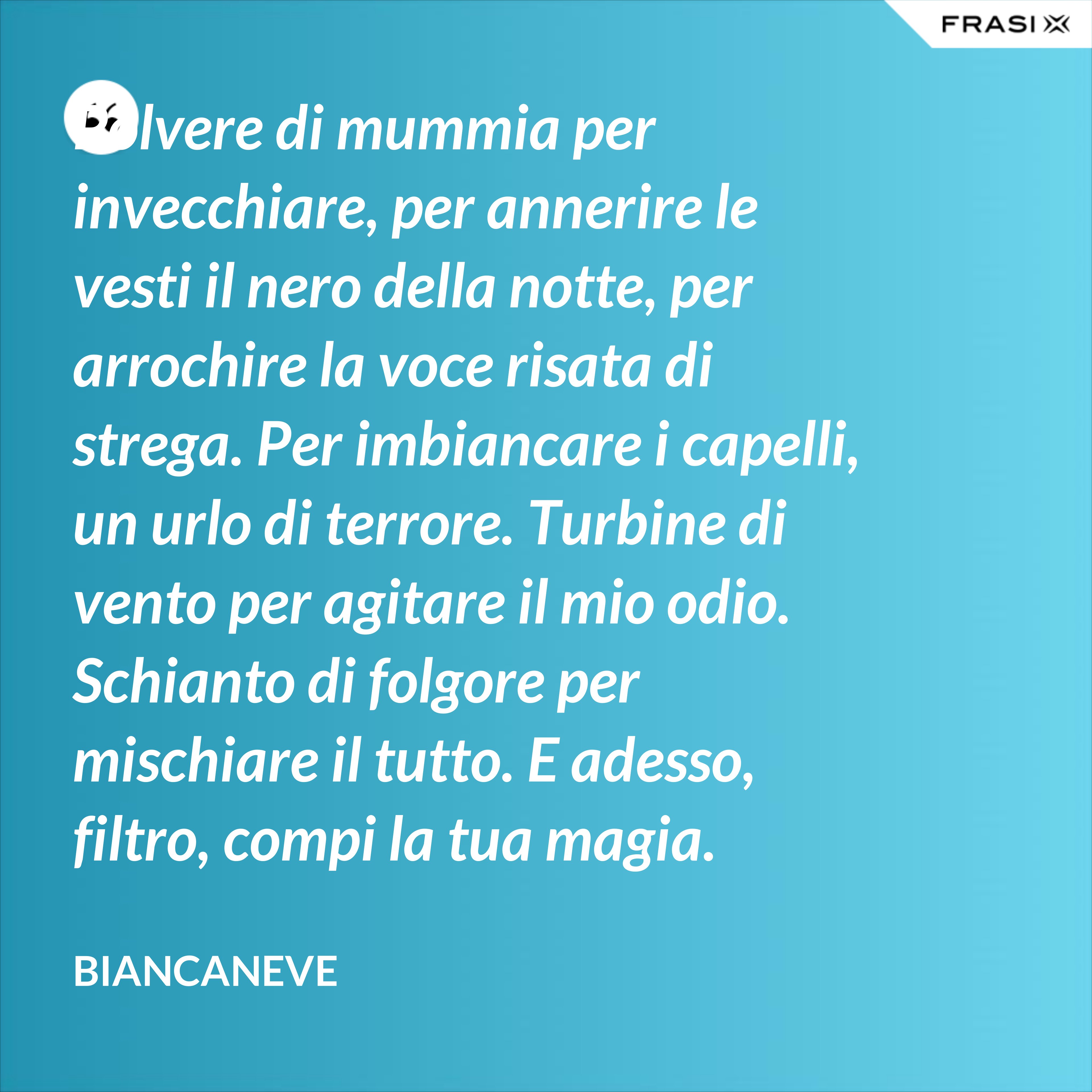 Polvere di mummia per invecchiare, per annerire le vesti il nero della notte, per arrochire la voce risata di strega. Per imbiancare i capelli, un urlo di terrore. Turbine di vento per agitare il mio odio. Schianto di folgore per mischiare il tutto. E adesso, filtro, compi la tua magia. - Biancaneve