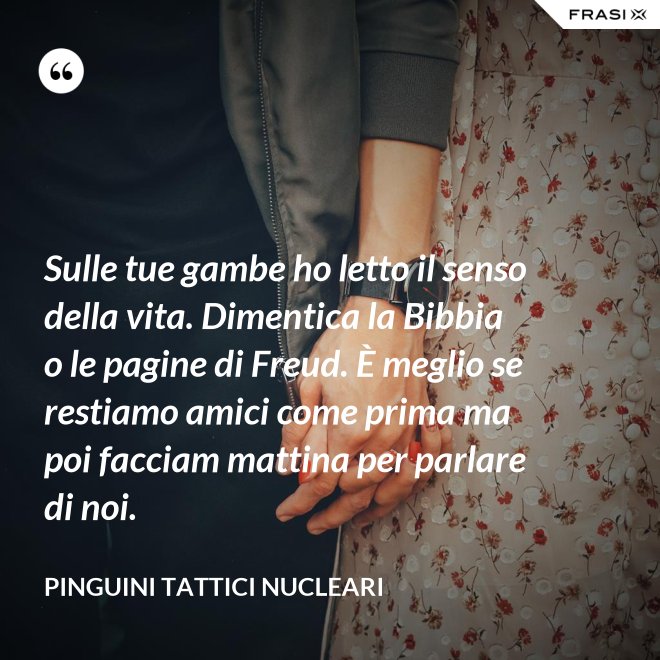 Sulle tue gambe ho letto il senso della vita. Dimentica la Bibbia o le pagine di Freud. È meglio se restiamo amici come prima ma poi facciam mattina per parlare di noi. - Pinguini Tattici Nucleari