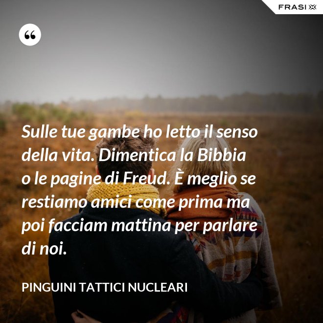 Sulle tue gambe ho letto il senso della vita. Dimentica la Bibbia o le pagine di Freud. È meglio se restiamo amici come prima ma poi facciam mattina per parlare di noi. - Pinguini Tattici Nucleari