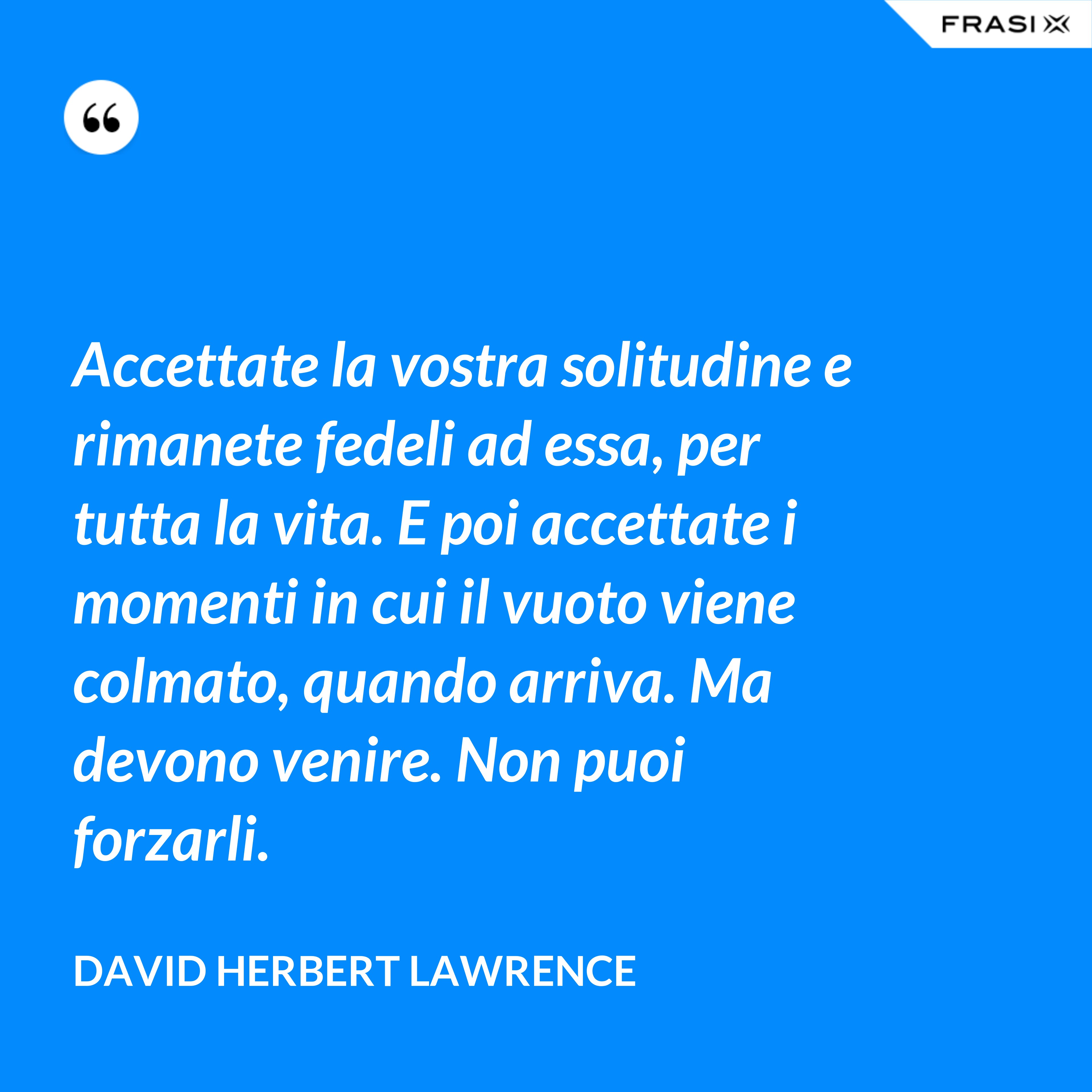 Accettate la vostra solitudine e rimanete fedeli ad essa, per tutta la vita. E poi accettate i momenti in cui il vuoto viene colmato, quando arriva. Ma devono venire. Non puoi forzarli. - David Herbert Lawrence