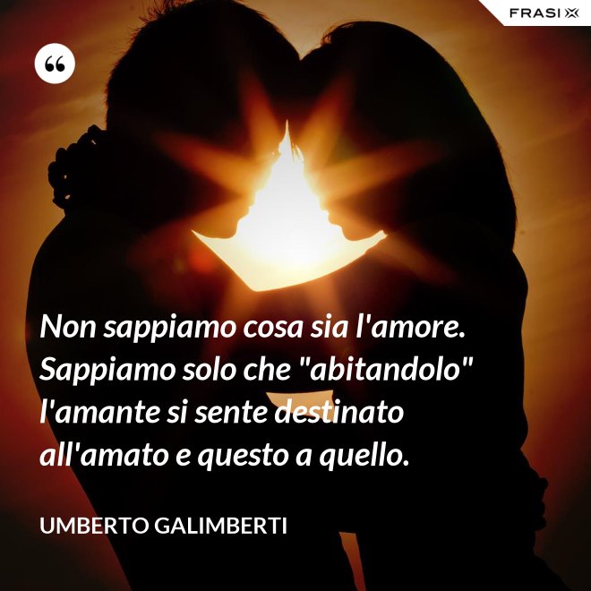 Non sappiamo cosa sia l'amore. Sappiamo solo che "abitandolo" l'amante si sente destinato all'amato e questo a quello. - Umberto Galimberti
