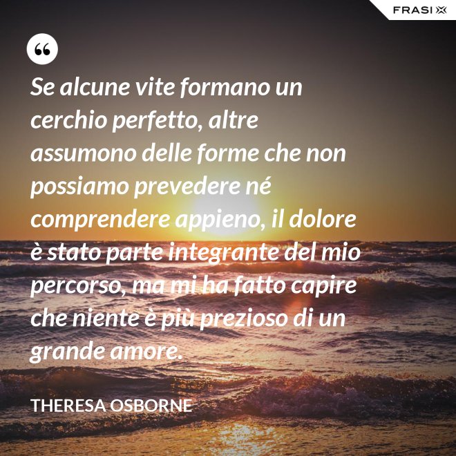 Se alcune vite formano un cerchio perfetto, altre assumono delle forme che non possiamo prevedere né comprendere appieno, il dolore è stato parte integrante del mio percorso, ma mi ha fatto capire che niente è più prezioso di un grande amore. - Theresa Osborne
